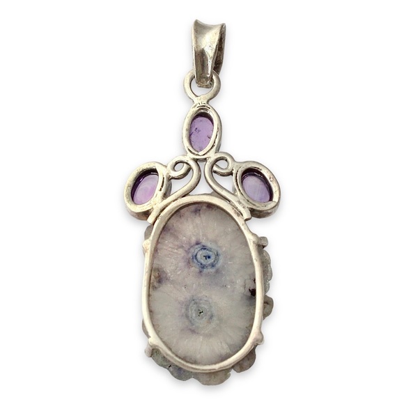 Vintage Solar Quartz & Amethyst Sterling Silver Necklace Pendant - Picture 3 of 4